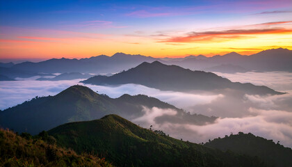 Obraz premium Panoramic view of morning fog rolling over mountain peaks, captured from hilltop
