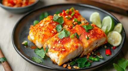 fried fish with vegetables and herbs