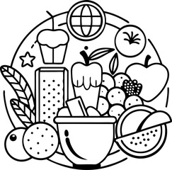 Healthy eating stock illustration vector line art icon black and white , white back ground 