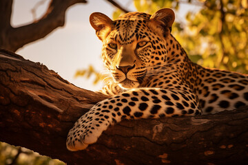 A spotted leopard lounging on a high tree branch dappled