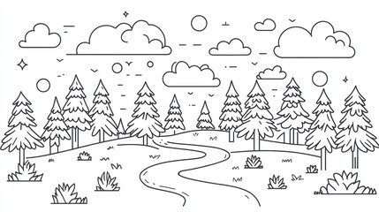 Simple line drawing of a forest landscape
