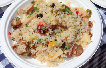 rice salad a typical European summer dish with sausage vegetables and cheese