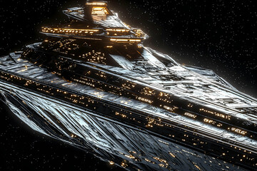 A sleek and imposing sci fi spacecraft with gleaming surfaces glowing thrusters and intricate paneling brought to life through hyper realistic 8k cinematic visuals

