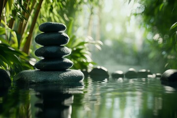 Obraz premium Tranquil Stone Stack Beside Serene Water in Lush Green Nature Setting.