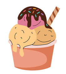 Vector illustration of ice cream in paper cup with three scoops, chocolate glaze, waffle stick. Colorful summer dessert isolated on transparent background
