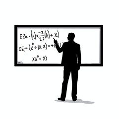 Silhouette of male teacher explaining complex math formulas on whiteboard.  Man points at equation, illustrating mathematical concepts. This image is perfect for educational materials, presentations
