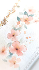 Obraz premium Watercolor illustration of delicate pink flowers with green leaves, showcasing soft brush strokes and gentle hues, perfect for floral design and artistic projects