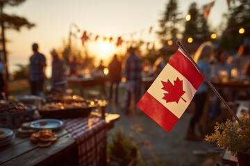BBQ celebration at sunset with Canadian flag and happy people enjoying Canada Day outdoors with festive decorations and delicious food