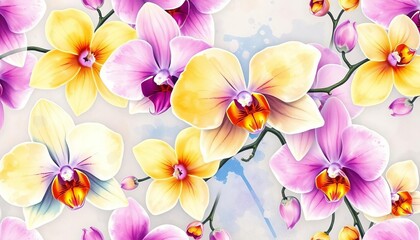 Delicate pastel watercolor orchid floral seamless pattern Rustic vintage style, purple, yellow, blue hues, seamless, elegant