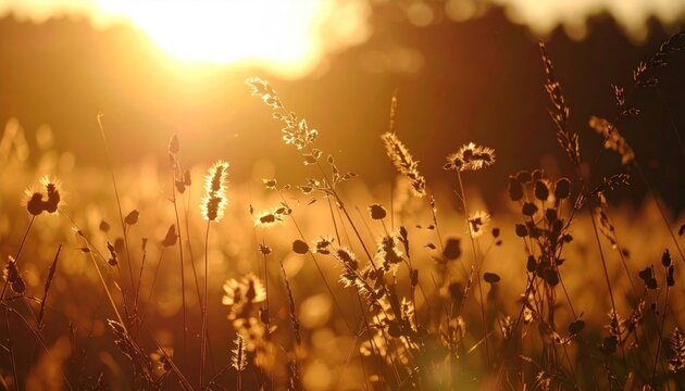 Golden sunset over tall grass