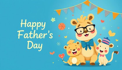 Obraz premium Happy Father's Day blue background vector illustration with cute cartoon animals and celebratory elements, poster, cheerful