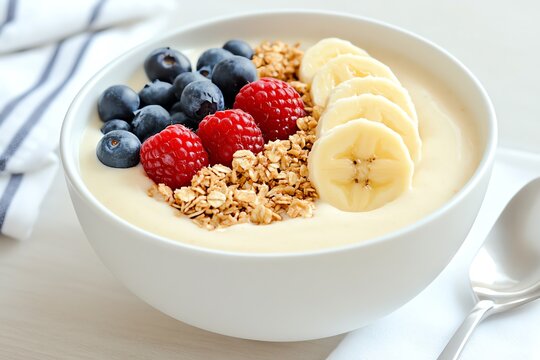 A vibrant bowl of yogurt topped with fresh fruits and granola, perfect for a healthy breakfast or snack.