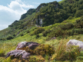 A sloping mountainside, likely part of Strickeen Mountain, displays a rugged face covered in green vegetation. Large rocks are scattered among the grass, fern and shrubbery.