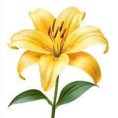 Yellow lily with leaves, isolate on white background.