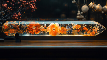 Crystal bar with embedded flowers on wooden surface; dried plants background