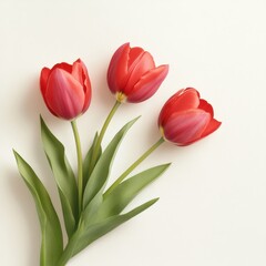 Fototapeta premium Red tulips with leaves, isolate on white background.