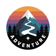 Badge snowcapped mountains with the word adventure