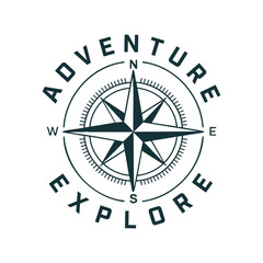 Badge design of Compass with the words adventure explore around it.