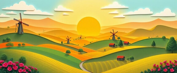 Intricate paper cut design of idyllic rolling hills, windmills, and sun-drenched fields,  craft,   paper art