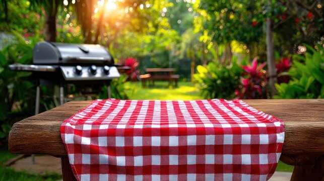 Wooden table with red gingham cloth in a lush garden ready for a summer barbecue