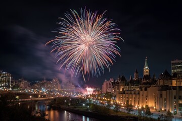 Celebratory fireworks illuminate the night sky over Ottawa during Canada's national holiday festivities