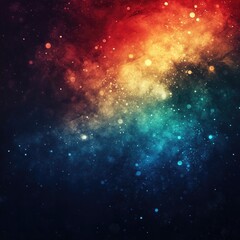 Abstract cosmic nebula with vibrant red, orange, teal, and blue hues, speckled with shimmering lights