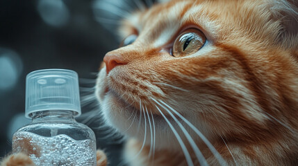 Curious ginger cat sniffing a clear bottle with bubbly liquid, bokeh background