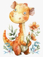 A whimsical watercolor illustration of a cute orange dinosaur holding a flower. The background is white with soft pastel colors and floral elements.
