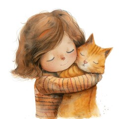 A young girl with brown hair hugs an orange tabby cat. The illustration features soft pastel colors on a white background, resembling a children's book style.