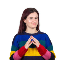 Beautiful young woman confident smile looking suspicious and doubtful to camera. Skeptical female emotion isolated on transparent background