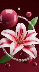 Vibrant Stargazer Lily with Elegant Pearl Accents and Rich Burgundy Swirls on a Black Background, Ideal for Artistic T-Shirt Design, Floral Fashion, and Luxurious Apparel Prints
