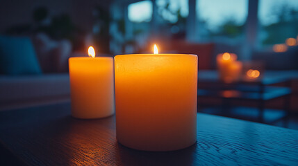 Cozy candles on a wooden table in a living room at night