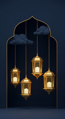 Elegant Golden Moroccan Lanterns Hanging in a Traditional Archway Against a Rich Navy Blue Background, Perfect for Ramadan Decor, Islamic Art, Home Interior Design, and Cultural Festive Ambiance