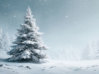 Obraz premium Snowy landscape featuring a beautifully decorated Christmas tree surrounded by serene nature under a gentle snowfall in a calm winter setting