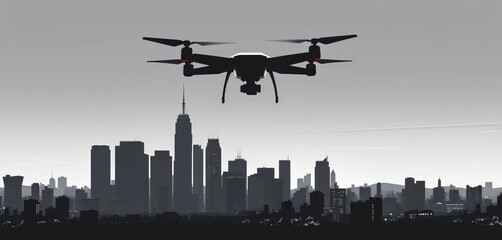 Black & white vector drone over modern city skyline Flat silhouette cityscape illustration,   technology,  clipart