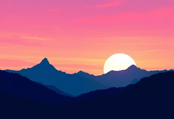 Gordijnen Blue mountain silhouettes, pink sunset sky, vector landscape illustration,  forest,  blue © nuntalee