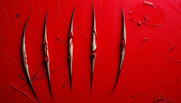 Bloody claw scratch marks on red background, horror texture,  danger,  isolated