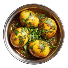 Spicy, golden eggs in a savory gravy, garnished with fresh herbs, in a round metal bowl