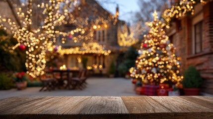 Obraz premium Festive christmas evening scene with sparkling lights and decorative wooden tabletop
