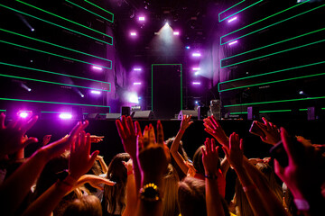 Crowd with Raised Hands at a Concert with Green