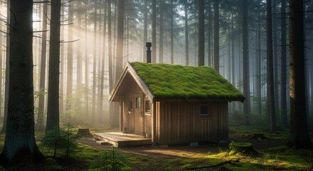Wooden cabin with a green moss roof in a foggy forest. Glamping and nature concept for tranquil escape and sustainable living.