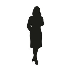 Elegant black vector silhouette of a young business woman's figure posing with or talking with smartphone icon on white background