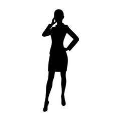 Black vector silhouette of a woman in a suit or dress posing with a cell phone, an artistic figure illustration icon on white background