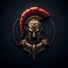 A majestic golden Spartan helmet with intricate engravings and a bold red plume, set against a dark background and encircled by a detailed frame. A striking symbol of ancient warrior heritage.
