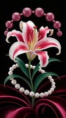 Vibrant Stargazer Lily with Elegant Pearl Accents and Rich Burgundy Swirls on a Black Background, Ideal for Artistic T-Shirt Design, Floral Fashion, and Luxurious Apparel Prints