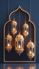 Elegant Golden Moroccan Lanterns Hanging in a Traditional Archway Against a Rich Navy Blue Background, Perfect for Ramadan Decor, Islamic Art, Home Interior Design, and Cultural Festive Ambiance