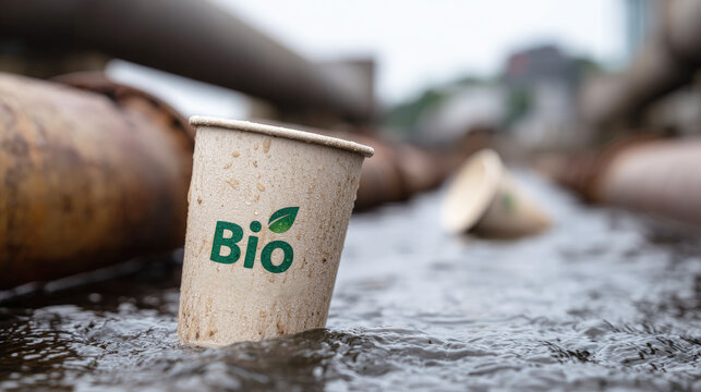 Biodegradable paper cup floating in polluted water near industrial pipes, symbolizing environmental irony and ecological challenges of waste and sustainability in urban areas.