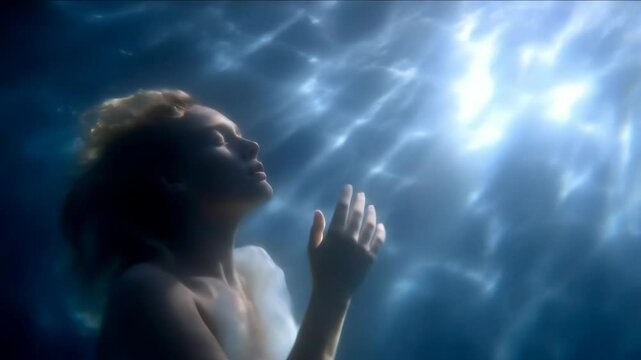 Dreamy Underwater Shot of a Woman in a Flowing White Dress Floating Peacefully with Eyes Closed, Reaching for the Light