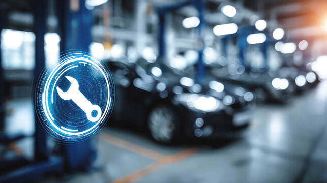 Futuristic car service icon with digital wrench overlay in modern auto repair workshop, illustrating concept of smart diagnostics, technology integration and automotive maintenance innovation.