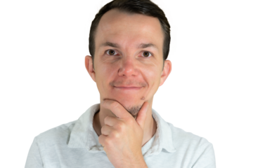 Thoughtful man touching chin and looking away with curious and pensive expression, isolated png portrait, concept of planning and consideration